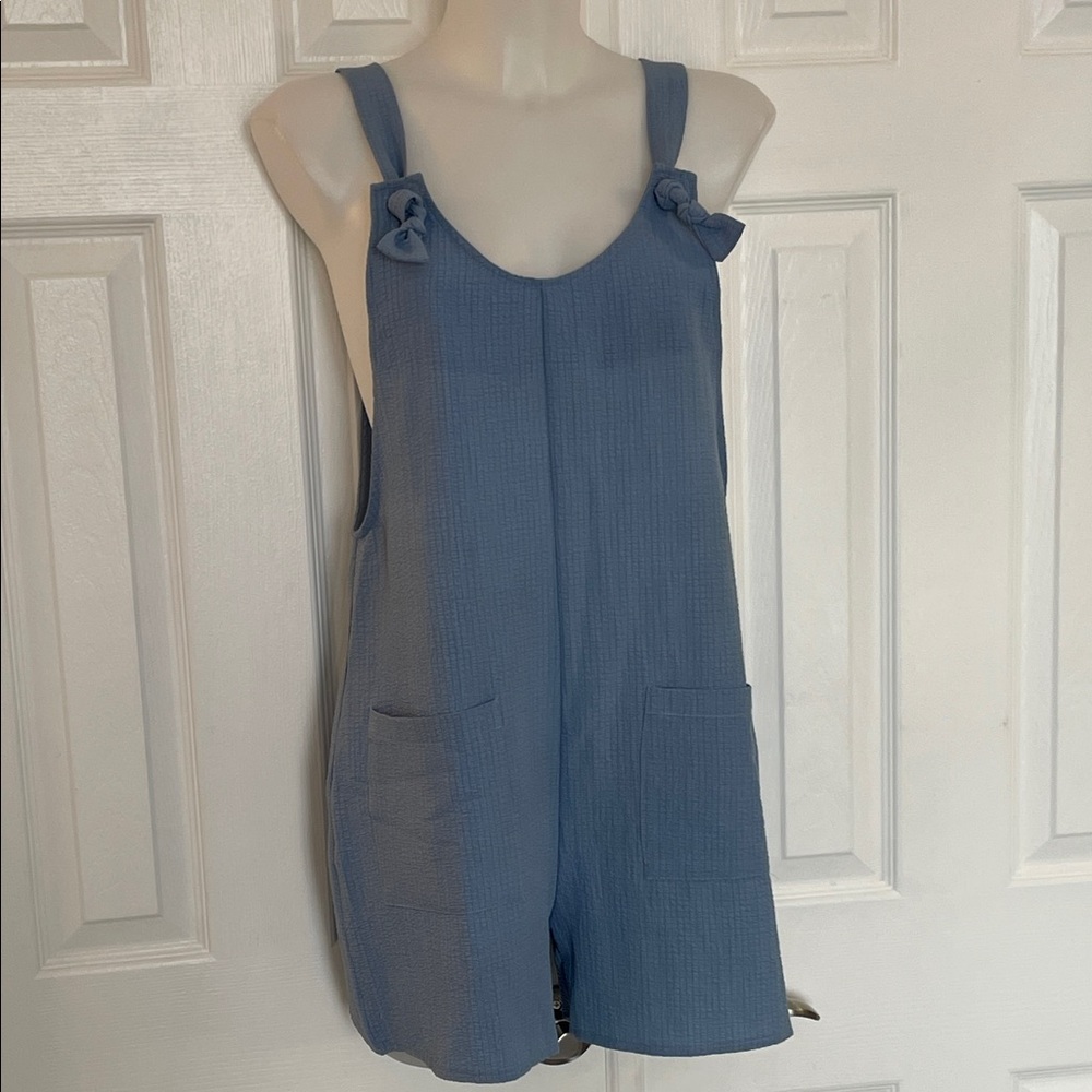 EMORY ROSE BLUE SLEEVELESS KNOT FRONT POCKET PATCHED OVERALL ROMPER SZ MED - Picture 3 of 10